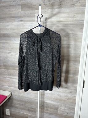 Nally & Millie Black Sheer Polka-Dot Tie-Neck Blouse 2135